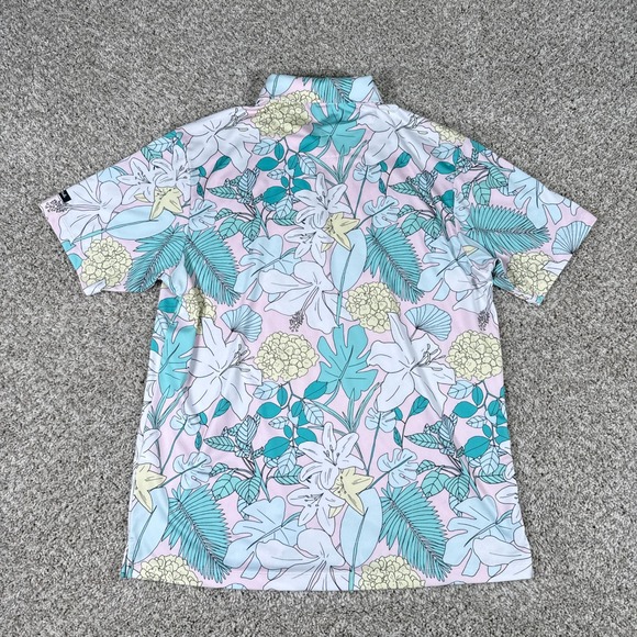 Bad Birdie Polo Shirt Mens XL Pink Blue Tropical Floral Performance Stretch Golf - Picture 9 of 12
